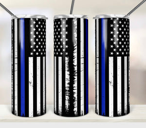 Blue Line Flag 20 oz skinny hot/cold tumbler with straw